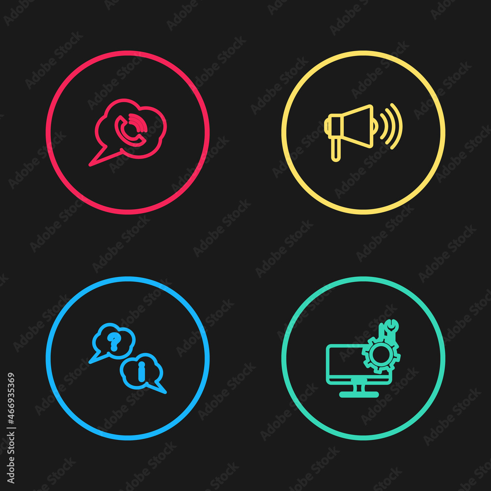 Set line Question and Exclamation, Computer monitor service, Megaphone and Speech bubble with call icon. Vector Set line Question and Exclamation, Computer monitor service, Megaphone and Speech bubble with call icon. Vector