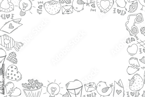 Love template frame. Valentine doodle hand drawn sketch. Cute background for postcards. Heart, mail, bird, elements for design. Stock vector illustration isolated on white background.