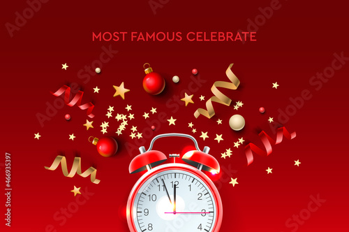 Time to celebrate Christmas and New Year. Flat lay design with alarm clock, stars, streamers