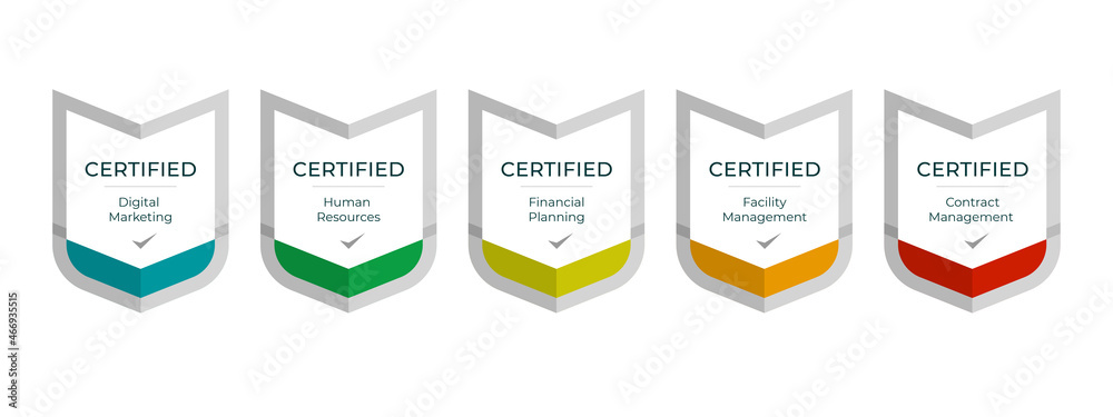 Professional certified badge logo template. Shield shape icon vector. Digital certification badges awarded to technical professionals who have successfully passed a certification exam or achieved - obrazy, fototapety, plakaty 