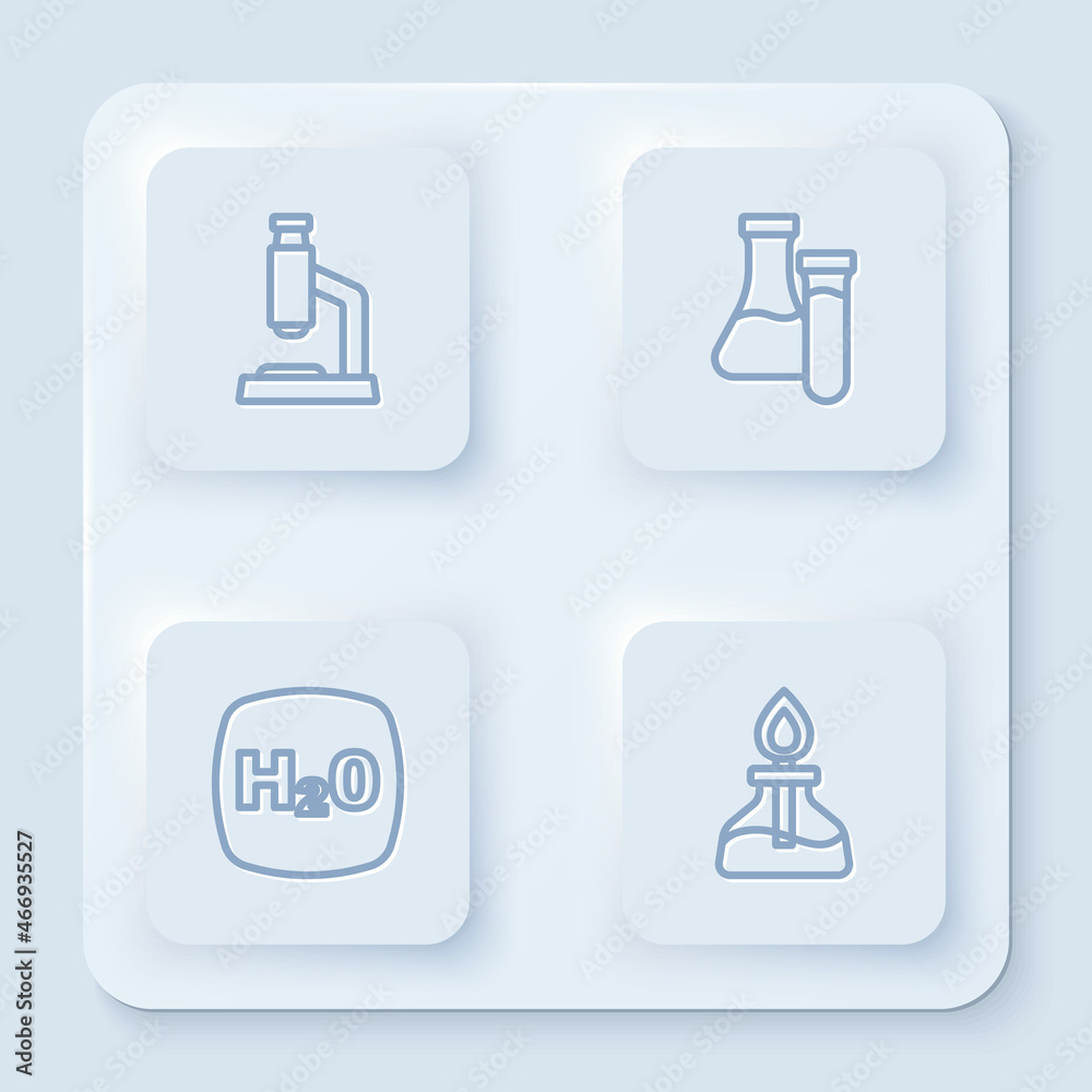 Set line Microscope, Test tube, Chemical formula H2O and Alcohol spirit burner. White square button. Vector Set line Microscope, Test tube, Chemical formula H2O and Alcohol spirit burner. White square button. Vector