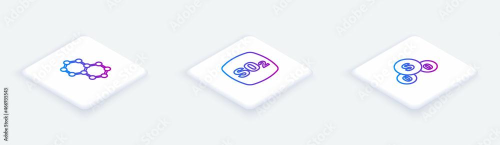 Set Isometric line Molecule, Sulfur dioxide SO2 and . White square button. Vector Set Isometric line Molecule, Sulfur dioxide SO2 and . White square button. Vector