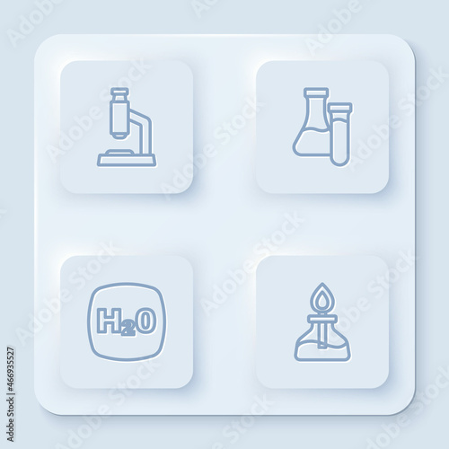 Set line Microscope  Test tube  Chemical formula H2O and Alcohol spirit burner. White square button. Vector