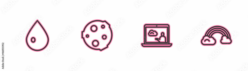 Set line Water drop, Weather forecast, Moon and Rainbow with clouds icon. Vector Set line Water drop, Weather forecast, Moon and Rainbow with clouds icon. Vector