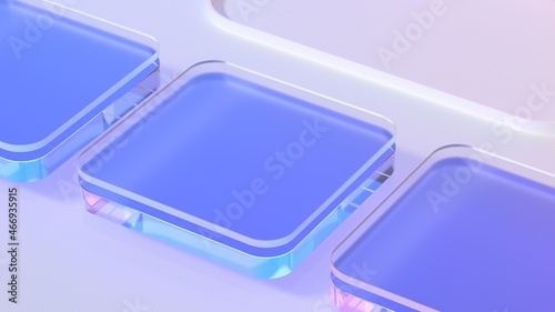 Glass podiums on a white background. Stylish composition with blue podiums. Blue glass. 3d render, visualization, illustration.