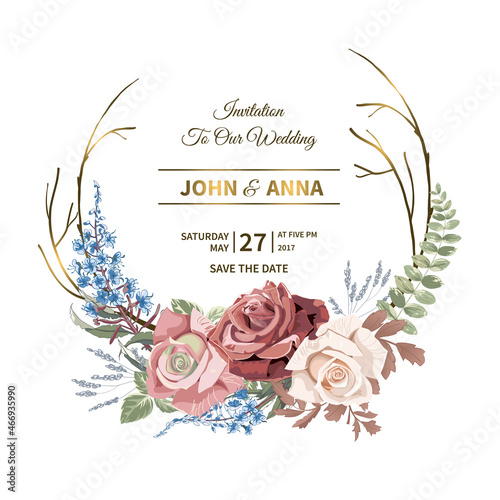 Flowers bouquet of peachy pink roses and wildflowers.