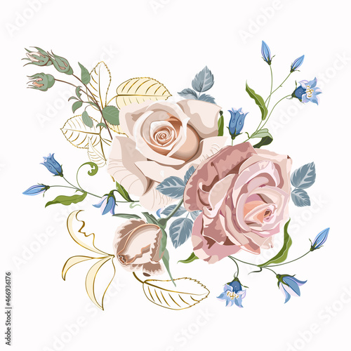Flowers bouquet of peachy pink roses and the bell flower close up, isolated on white background.