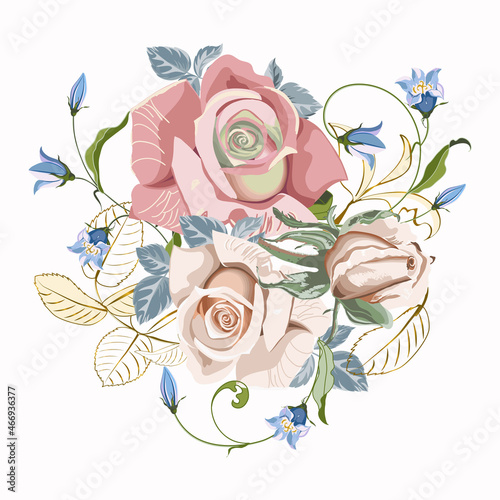 Flowers bouquet of peachy pink roses and the bell flower close up, isolated on white background.