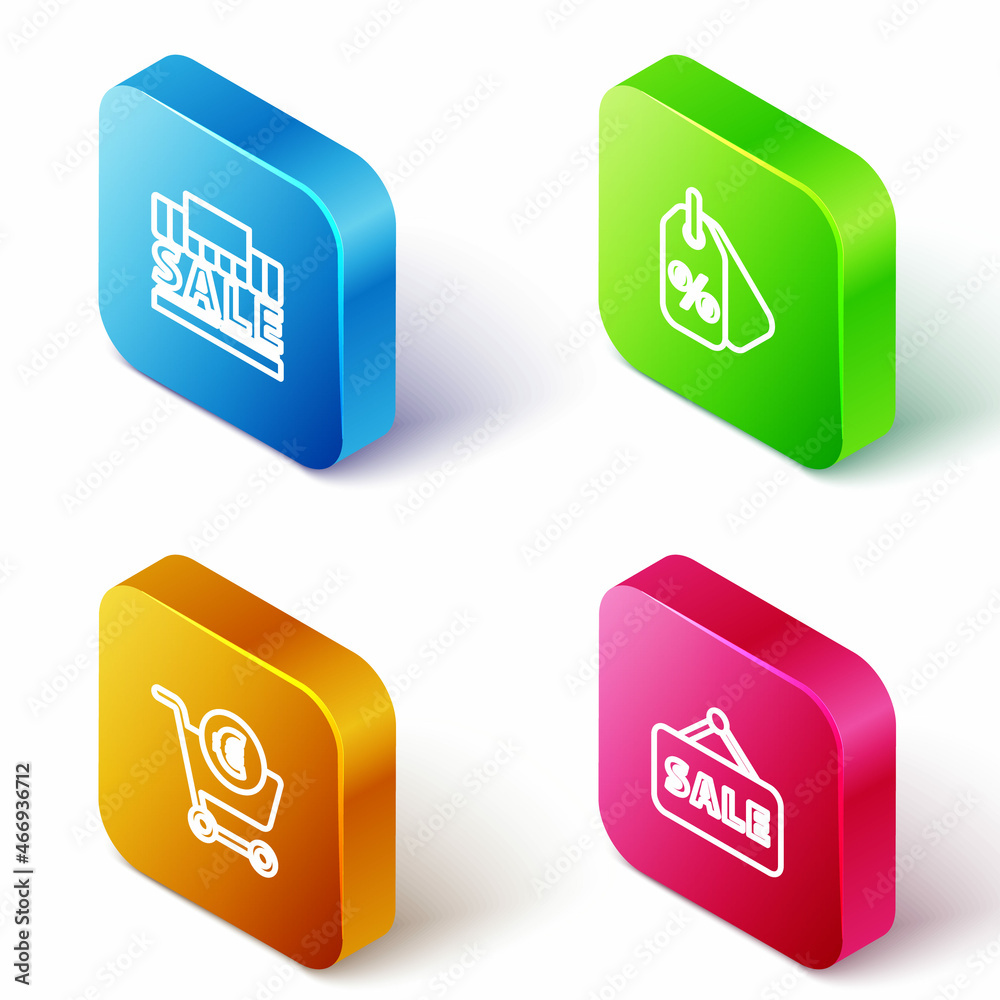 Set Isometric line Shopping building and sale, Discount percent tag, cart euro and Hanging sign with Sale icon. Vector Set Isometric line Shopping building and sale, Discount percent tag, cart euro and Hanging sign with Sale icon. Vector