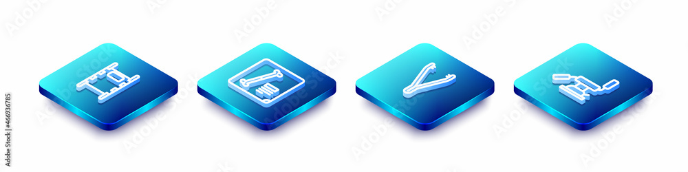 Set Isometric line Stretcher, X-ray shots, Medical tweezers and dental chair icon. Vector Set Isometric line Stretcher, X-ray shots, Medical tweezers and dental chair icon. Vector