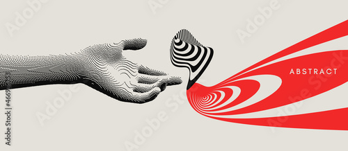 The hand points to something made of psychoderic stripes. Pattern with optical illusion and voxel art. 3D vector illustration for brochure, flyer, card, banner or cover.