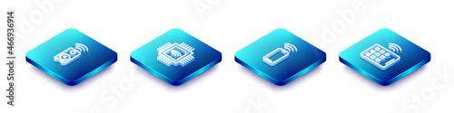 Set Isometric line Smart stereo speaker, Processor with microcircuits CPU, Wireless smartphone and tablet icon. Vector