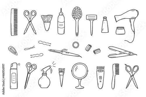 Hairdressing tool kit for beauty salon or home use. Vector illustration of doodle icons for self and hair care. Comb, razor, hair dryer, curling iron and other items.