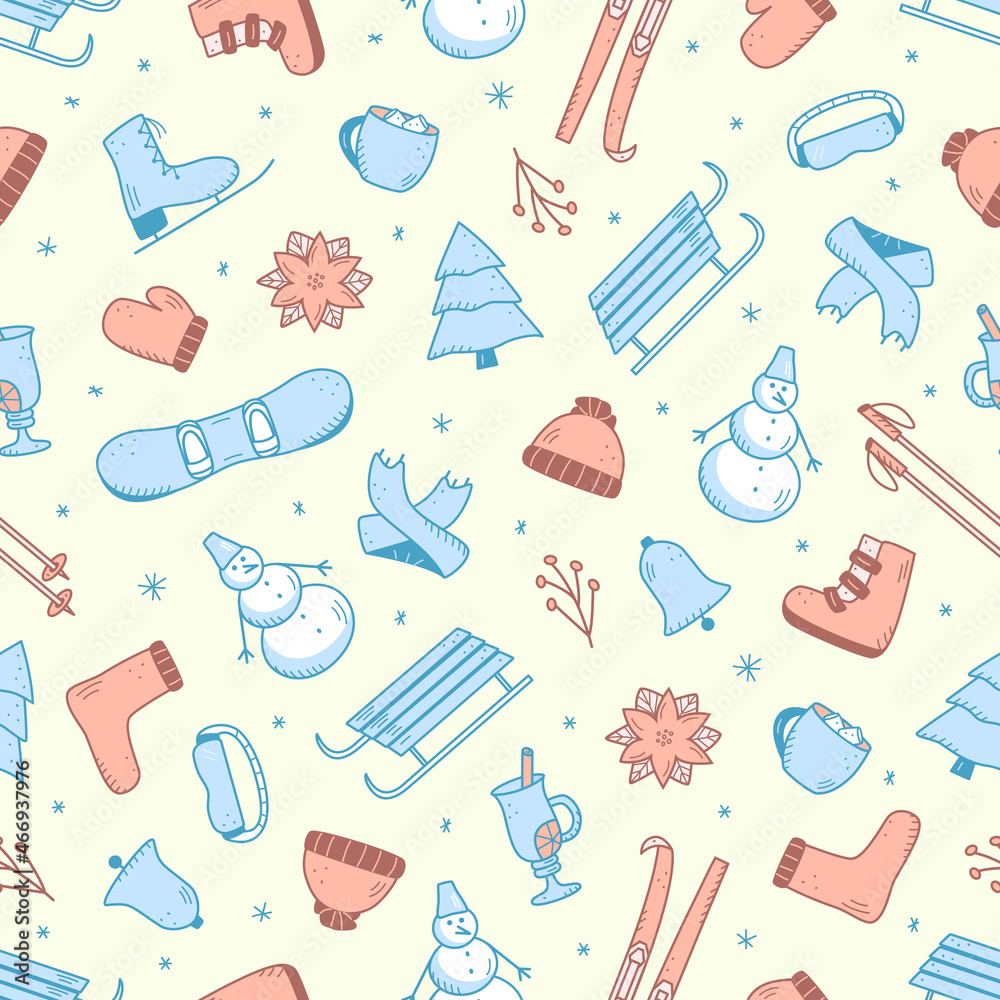 Seamless doodle pattern elements of Christmas and New Year elements. Background of winter elements of active recreation and winter items. Seamless doodle pattern elements of Christmas and New Year elements. Background of winter elements of active recreation and winter items.