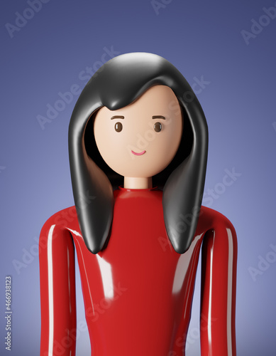Portrait 3d render of young woman cartoon character with black hair in red shirt avatar cartoon is on purple background 3d illustration rendering