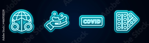 Set line Earth with medical mask, Washing hands soap, Corona virus covid-19 and Pills blister pack. Glowing neon icon. Vector