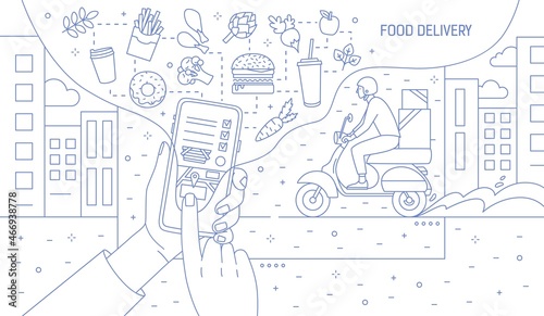 Monochrome banner with hands holding smartphone with food delivery service application or website, meals and courier boy riding scooter drawn with contour lines. Vector illustration in line art style