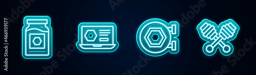 Set line Jar of honey, Honey online service, Hanging sign with honeycomb and dipper stick. Glowing neon icon. Vector