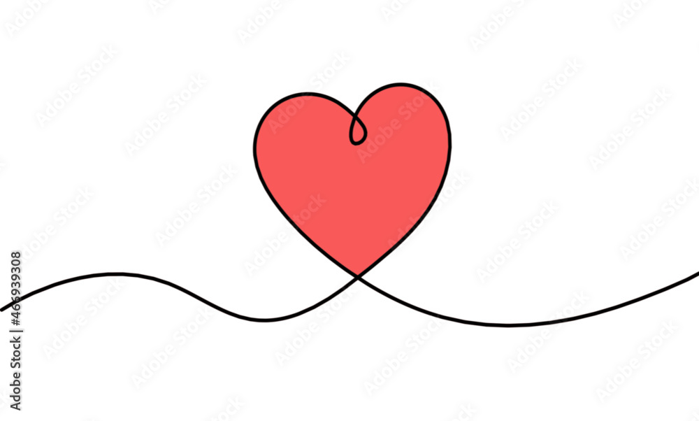 Abstract color hearts as continuous line drawing on white as background. Vector