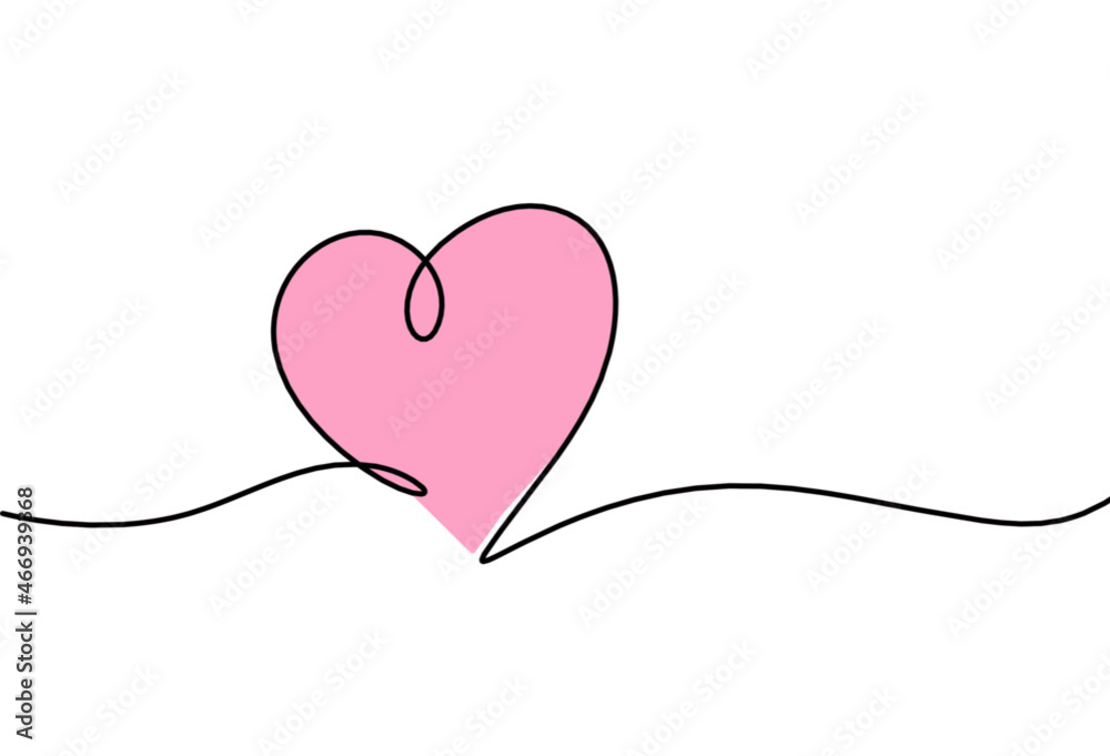 Abstract color hearts as continuous line drawing on white as background. Vector