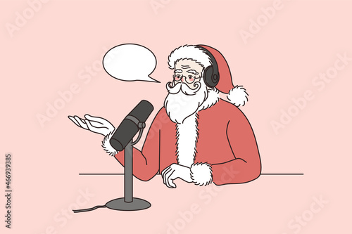 Santa Claus in red festive costume talk speak on radio on microphone with children audience. Father Christmas do online broadcast or live podcast with mic. New Year. Flat vector illustration. 