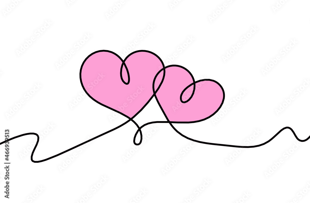 Abstract color hearts as continuous line drawing on white as background. Vector