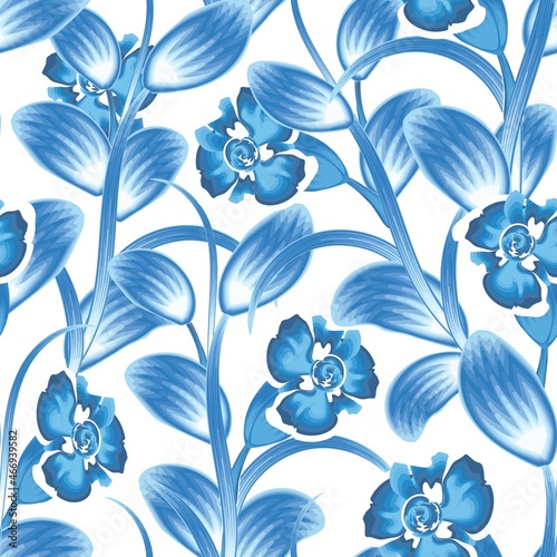 branched leaves seamless pattern plant with blue tropical flowers in monochromatic color style on white background. vector design. fashionable print texture. Floral background. Exotic tropics. Summer
