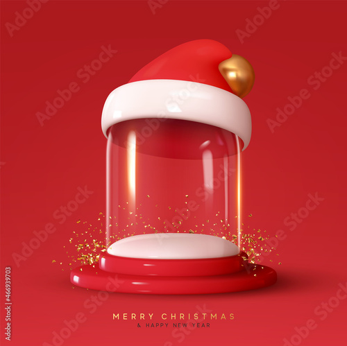 Christmas magic glass dome with white snowball, blank template. Santa Claus hat. Festive New year realistic 3d design. Xmas Mack up Crystal ball. Red background. Vector illustration