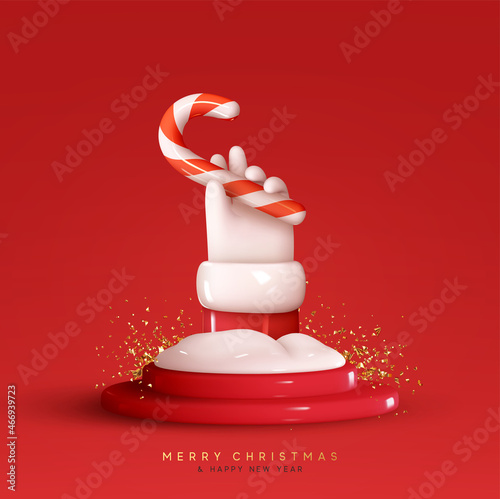Christmas abstract festive composition. Hand Santa's Claus sticks out of the snow and holding a candy cane, on round red stage podium. Realistic 3d happy new year design. vector illustration