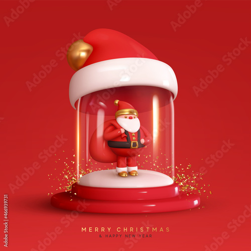 Christmas Holiday. Under Magic glass Dome Santa Claus with gift bag with white snowball. Festive new year realistic 3d design composition. Xmas red background. Vector illustration