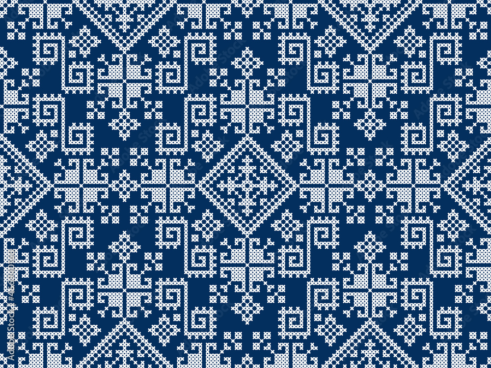 Fototapeta premium Zmijanjski vez embroidery style vector seamless pattern - textile or fabric print ispired by cross-stitch folk art designs from Bosnia and Herzegovina