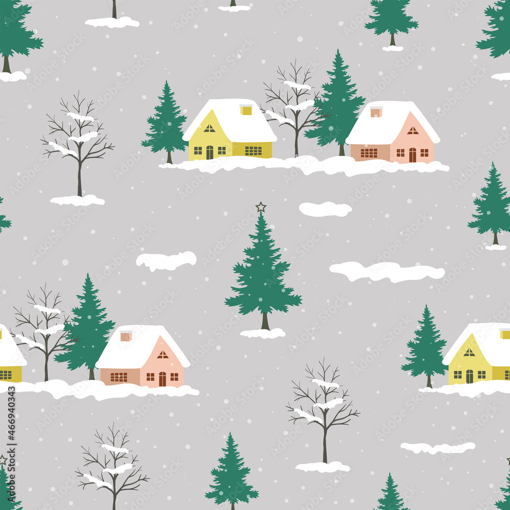 Seamless pattern with snowy rural on winter theme