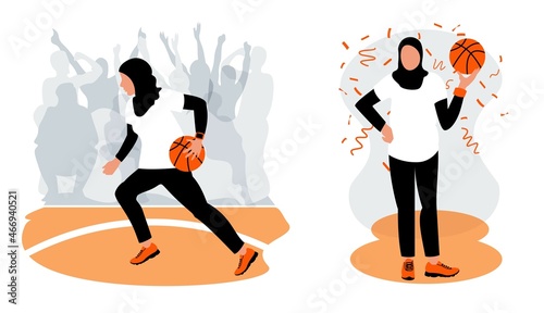 A Muslim girl in a black traditional hijab dribbles an orange ball in a team game. The female winner in the Set of Basketball match. Silhouettes in the stands. Vector illustration. EPS10