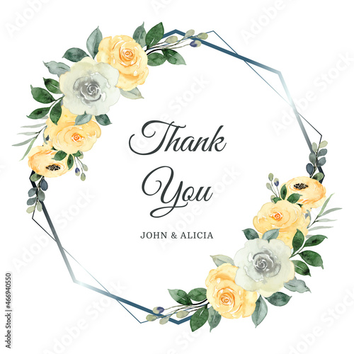 Thank you card with yellow rose flower frame watercolor