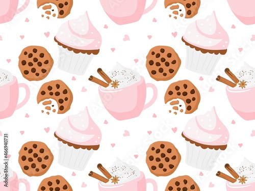 Seamless pattern with cookies, cupcakes, creamy hot drink with spices. St. Valentine's Day or Wedding or Christmas repeated background. Pink Romantic flat vector illustration