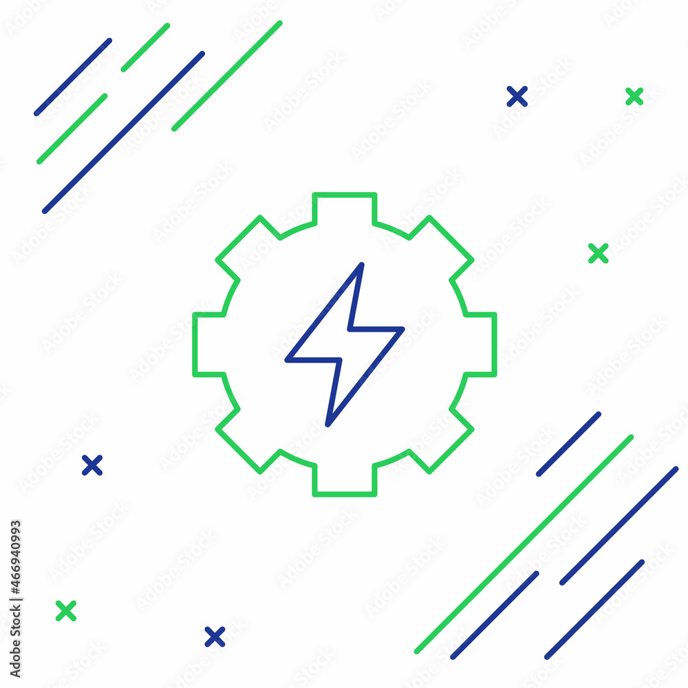 Line Gear and lightning icon isolated on white background. Electric power. Lightning bolt sign. Colorful outline concept. Vector Line Gear and lightning icon isolated on white background. Electric power. Lightning bolt sign. Colorful outline concept. Vector