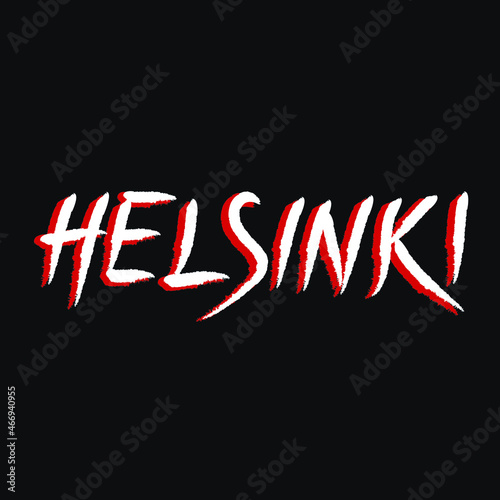 Helsinki, city name, hand-lettering calligraphy, white letters on the black background,  Vector calligraphic travel card. Digital illustration