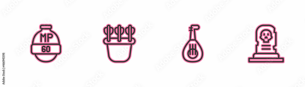 Set line Video game bar, Lute, Quiver with arrows and Grave tombstone icon. Vector Set line Video game bar, Lute, Quiver with arrows and Grave tombstone icon. Vector