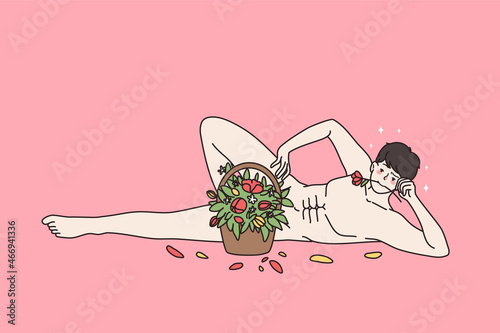 Sexy young Caucasian man lying with flower in mouth, greeting congratulation with Valentine day. Naked male model with floral bouquet congratulate women. Flat vector illustration, cartoon character. 