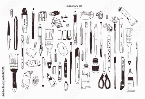 Collection of hand drawn stationery, writing utensils. Set of office and art supplies isolated on white background - brush, pen, pencil, marker, eraser, paint, sharpener. Contour vector illustration.