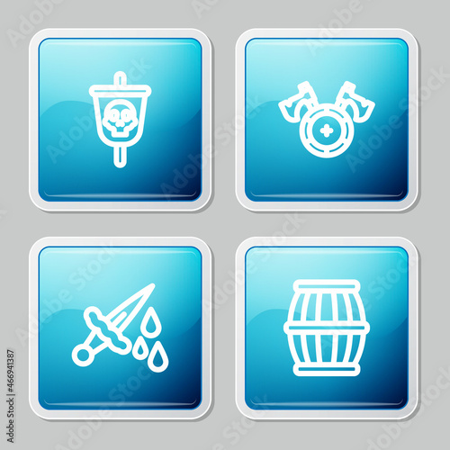 Set line Pirate flag, Medieval shield with axe, Sword blood and Gun powder barrel icon. Vector