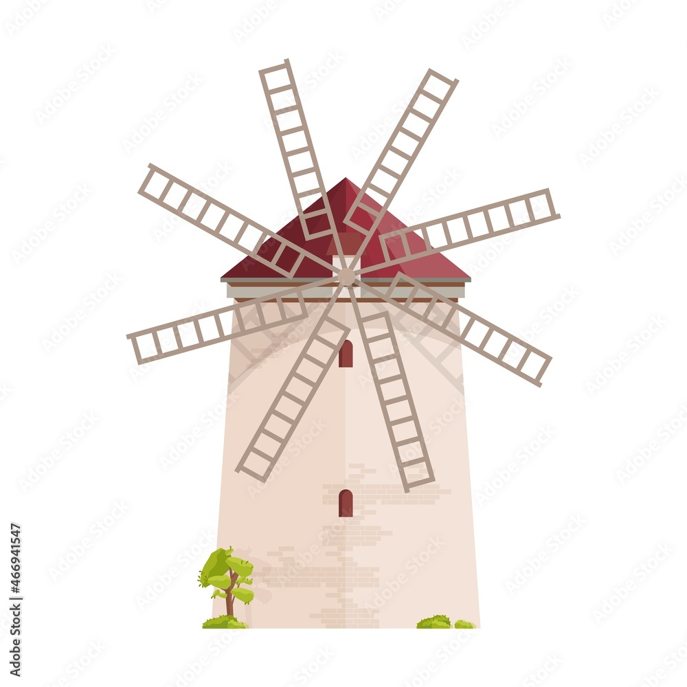 Old European windmill isolated on white background. Smock, tower or post mill. Farm building or construction with rotating sails or blades. Colored vector illustration in flat cartoon style.