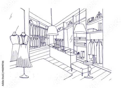 Outline drawing of fashionable clothing shop interior with furnishings, showcases, mannequins dressed in stylish apparel. Boutique or fashion store hand drawn with contour lines. Vector illustration.