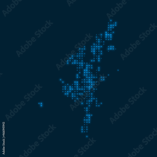 Mainland dotted glowing map. Shape of the island with blue bright bulbs. Vector illustration.