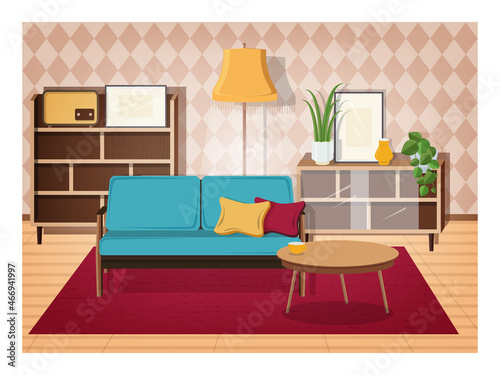 Retro interior of living room full of old-fashioned furniture and home decorations - comfy couch, coffee table, house plants, cupboard, floor lamp, radio receiver. Vector illustration in flat style.