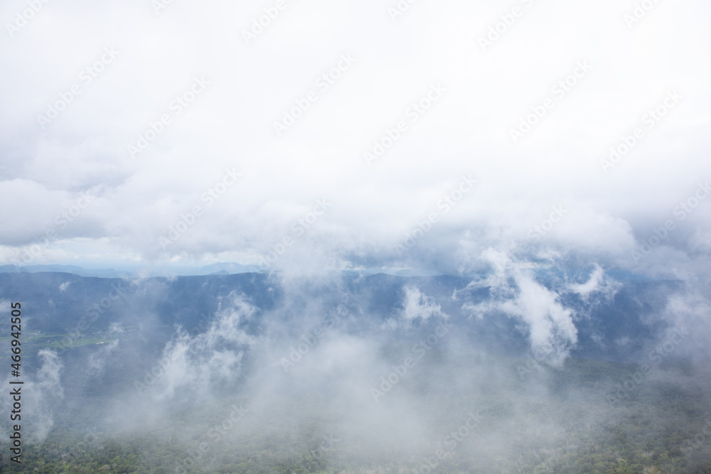 Fog and cloud with mountain valley landscape.