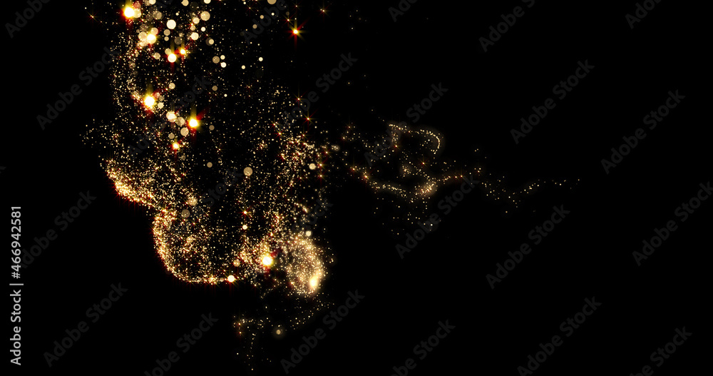 Gold flow and golden glitter smoke particles background, shimmer glow or dust light spray. Golden fragrance flow effect with magic glitter fluid sparkles and shine gleaming flares - obrazy, fototapety, plakaty 