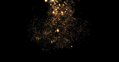 Gold particles flow or golden smoke background with glitter fragrance and shimmer glow. Golden particles and glitter spray effect with magic light flares