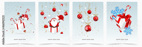 New Year greeting card with snowflakes, confetti, balls, Santa Claus and snowman.