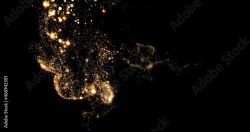 Gold flow and golden glitter smoke particles background, shimmer glow or dust light spray Fototapet